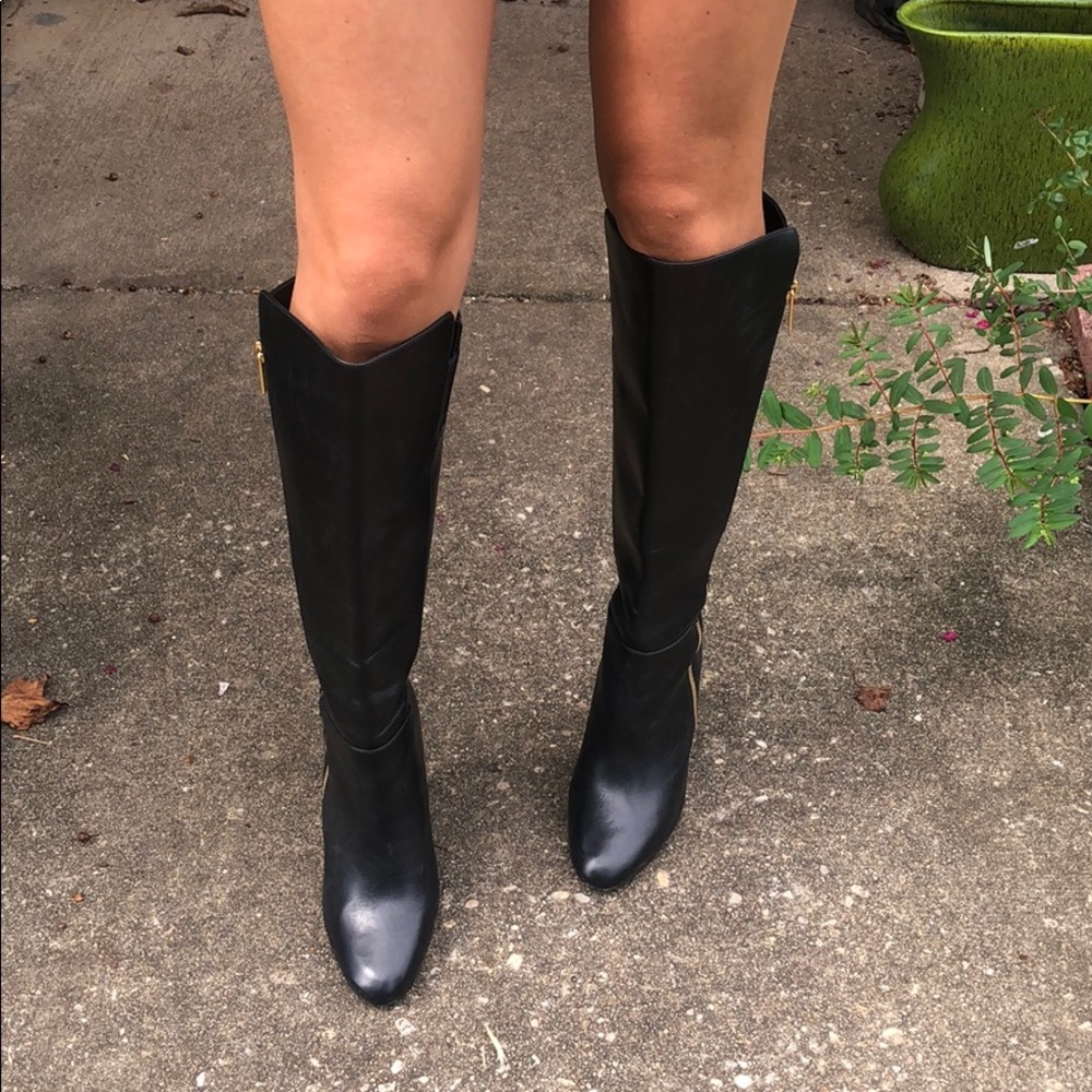 MK black leather side zip up knee high boots